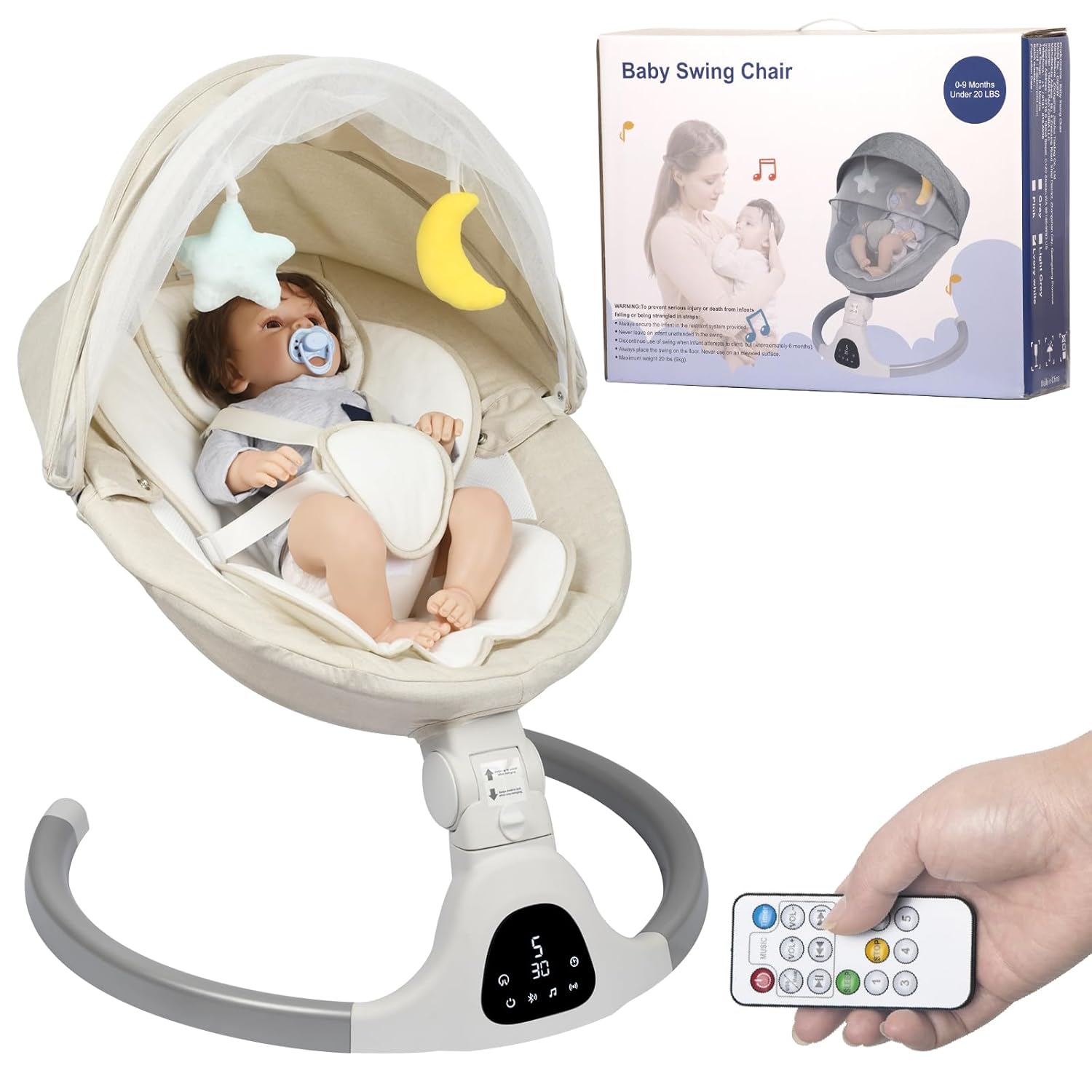 JFOVMCYG Electric Baby Swing for Infants, with Bluetooth Remote Control Timing Function and 10 Music 5 Swing Speeds 3 Seat Positions Baby Bouncer for Boy Girl Indoor & Outdoor Use (Lvory White)